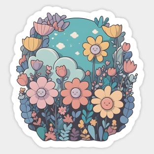 Cute Smiley Flowers Colorful Illustration Sticker